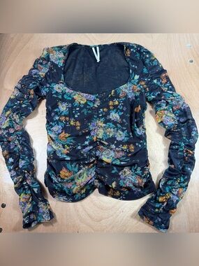 Anthropologie Black Floral Ruched Long-Sleeve Scoop-Neck Blouse